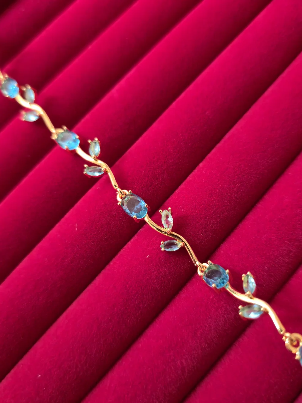 18K Gold Plated Bracelet W/ Blue Oval & Leaf Zircon Design - Elegant Jewelry B03